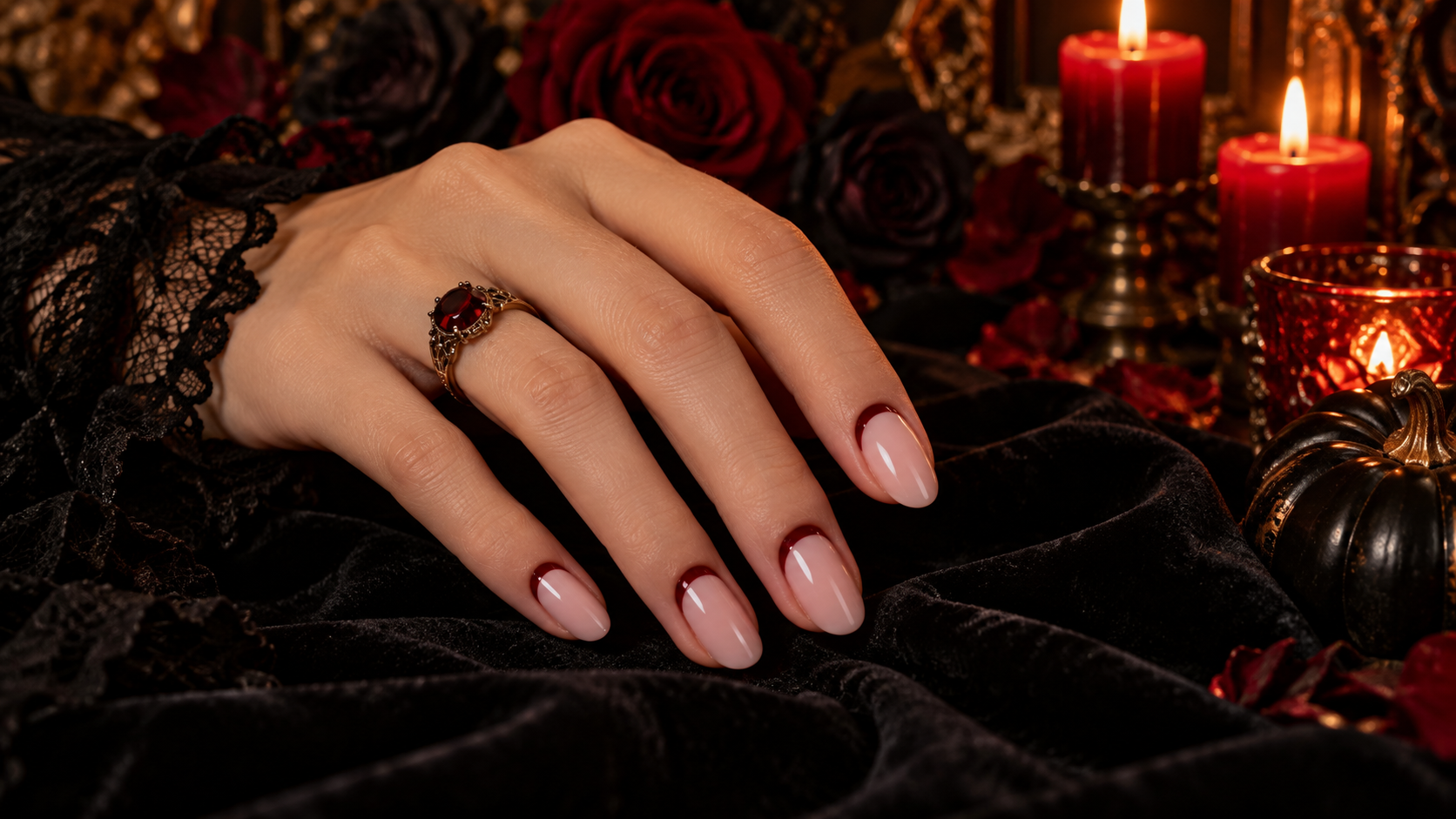 Warm Oat Milk Nails with Fine-Line Mini Pumpkin Art